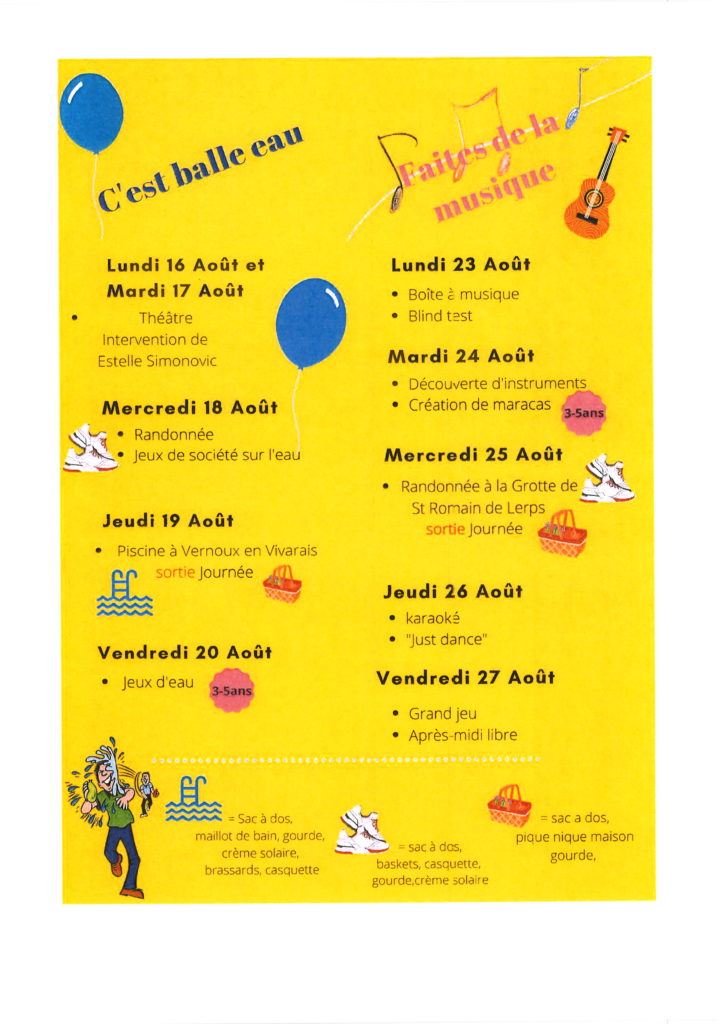 programme été du 16/08 au 27/08