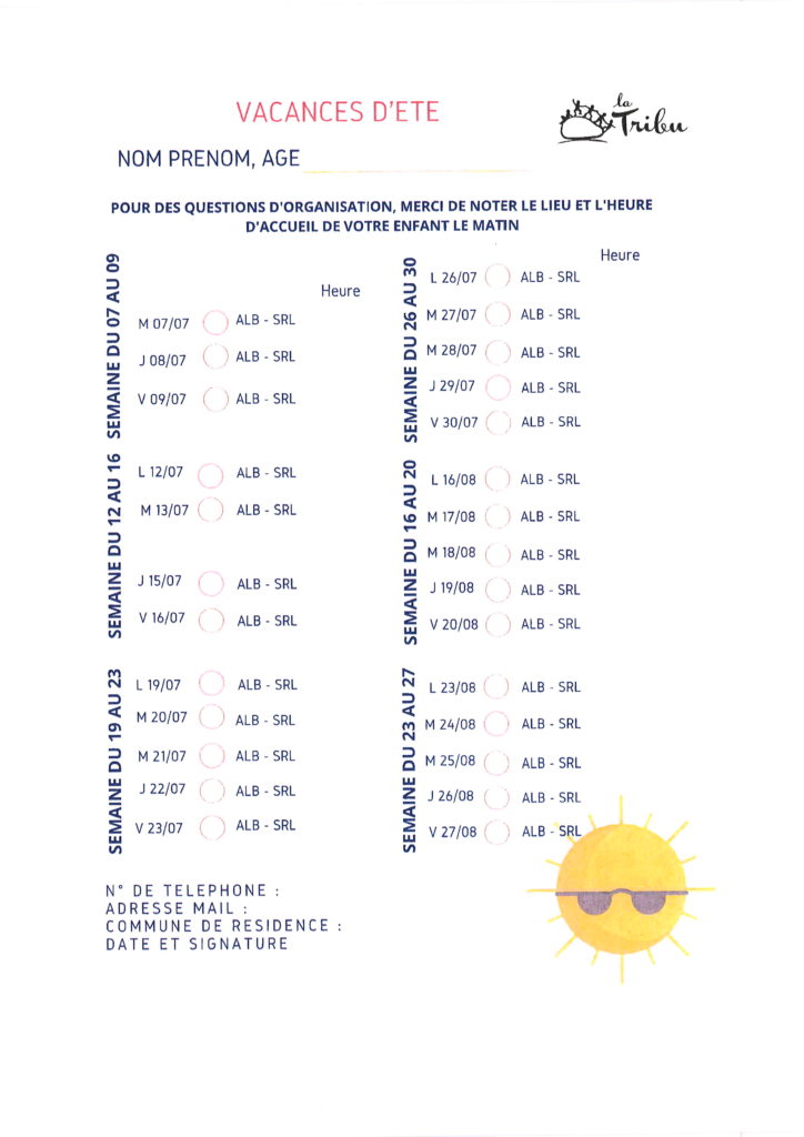 fiche inscription été 3/11ans