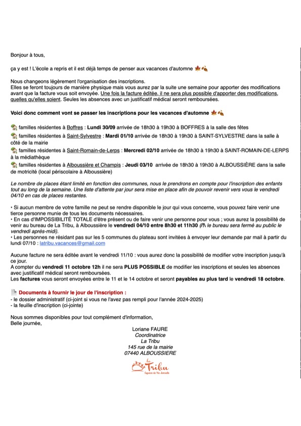 Infos inscription vacances d'automne