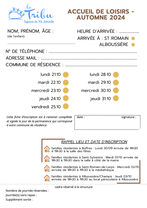 Fiche inscription vacances d'automne 3/11 ans