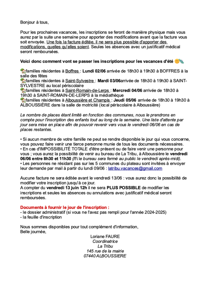 MODALITÉS INSCRIPTION ETE 2025