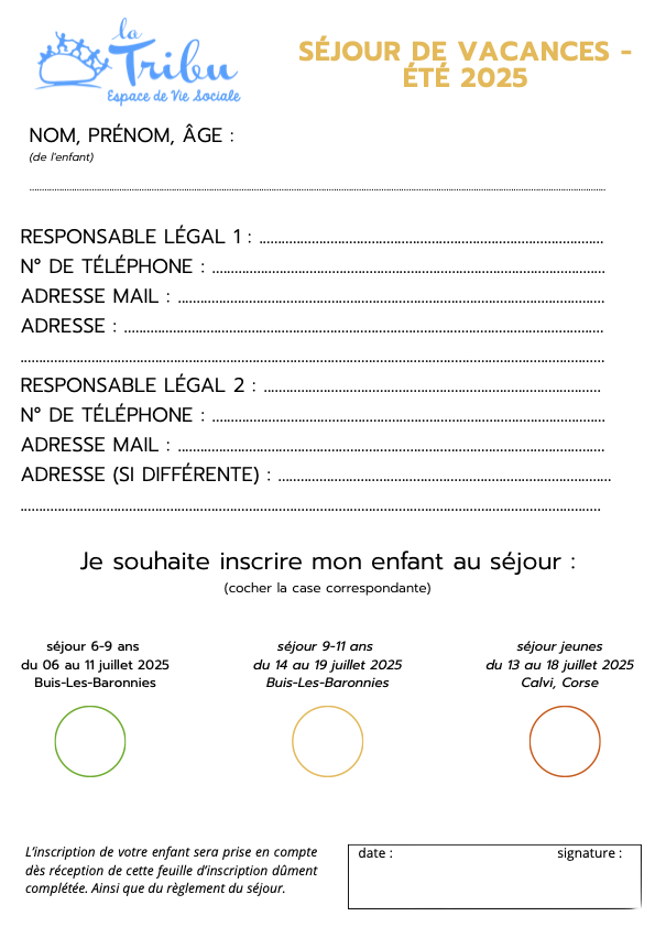 fiche inscription SEJOURS ETE