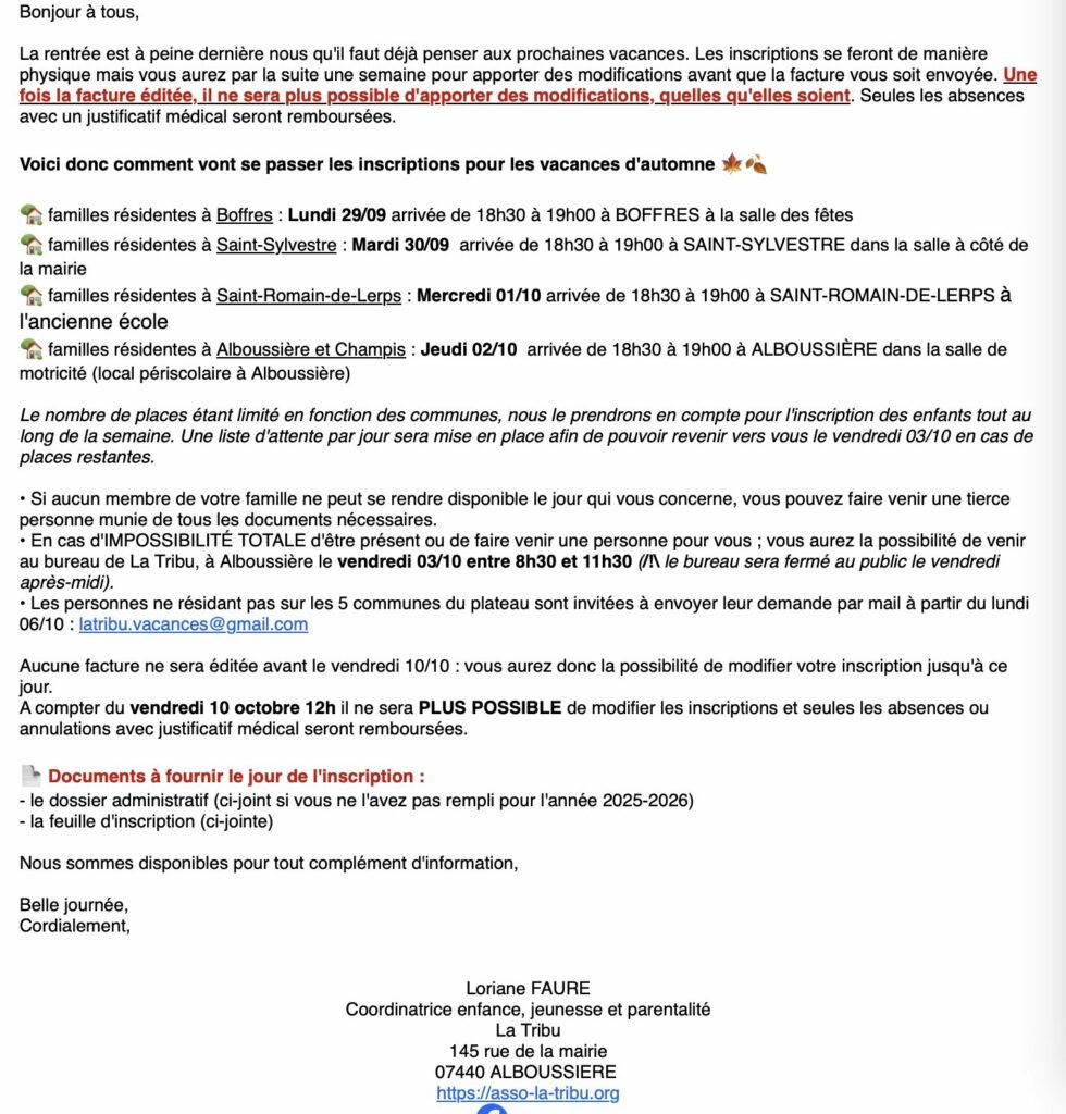 explications et dates inscriptions