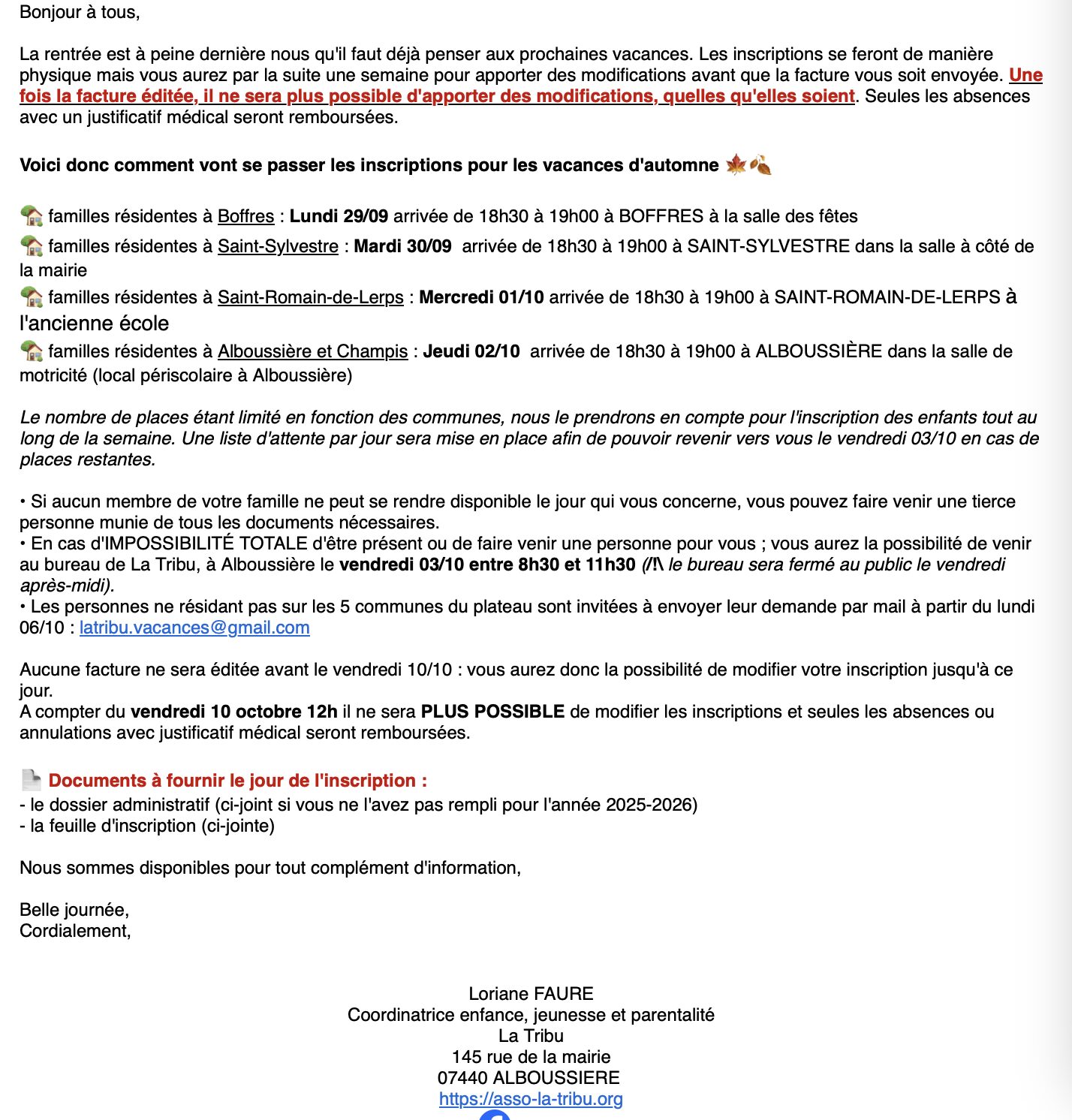 explications et dates inscriptions