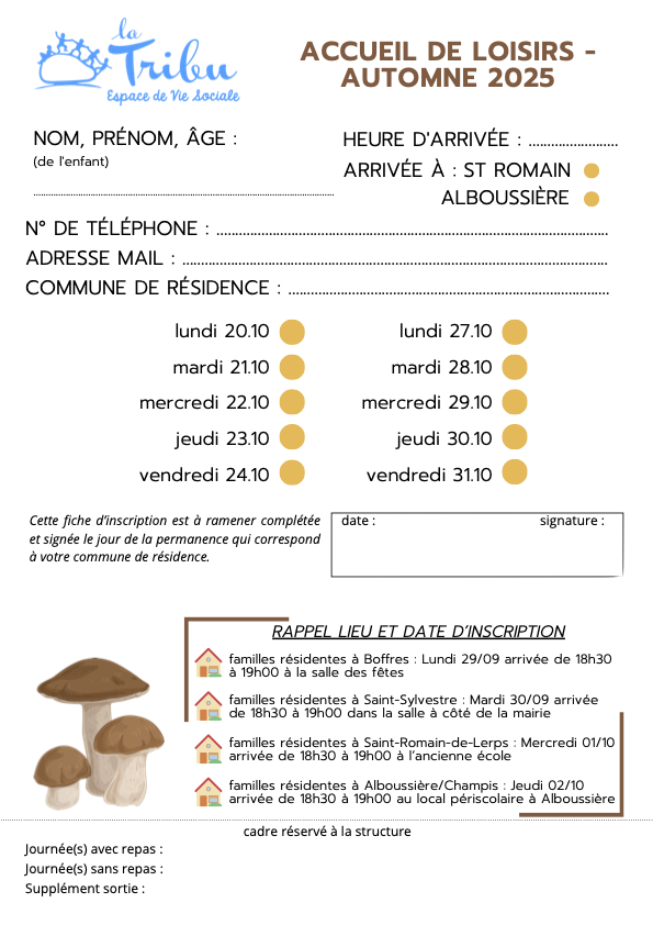 fiche inscription vacances automne 2025