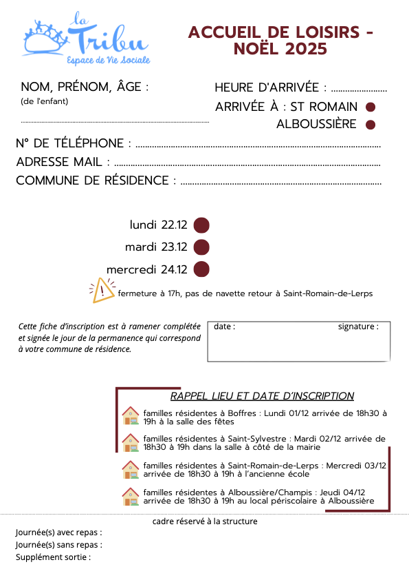 FICHE INSCRIPTION VAC NOEL