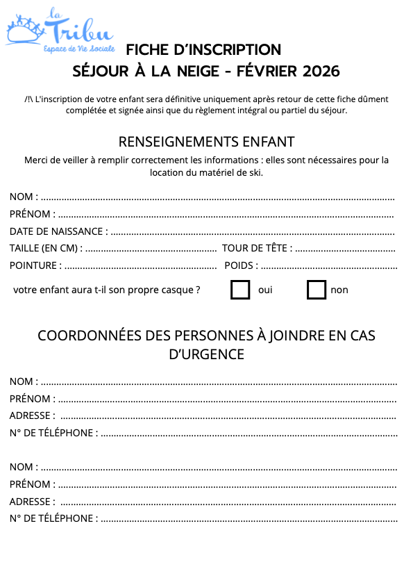 FICHE D'INSCRIPTION SÉJOUR MONTAGNE FEV26