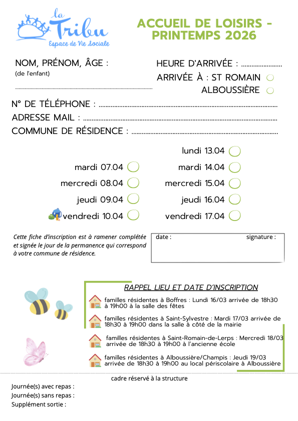 Fiche inscription ALSH vacances printemps 3/11ans