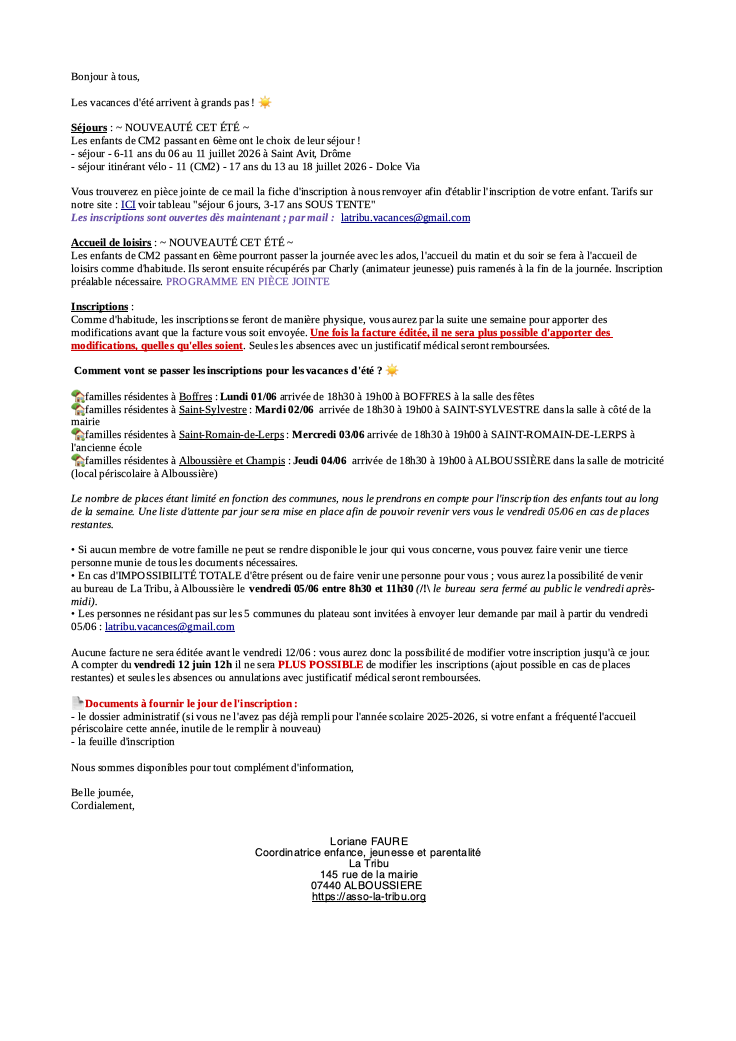 INSCRIPTIONS ETE 2026